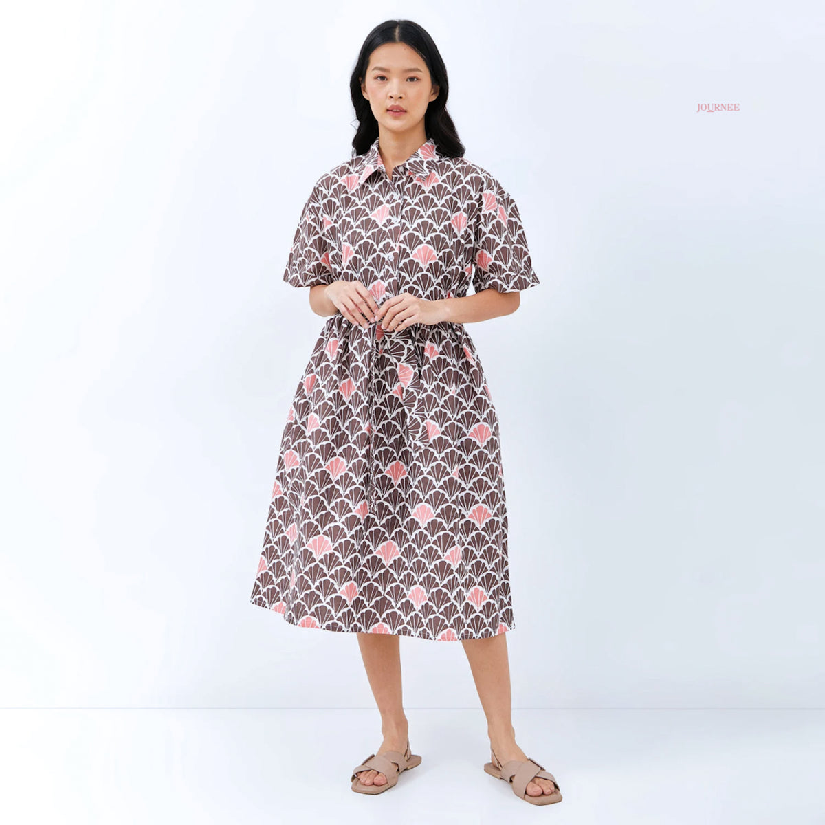 Adora Midi Shirt Batik Sisik Cap Dress Caramel