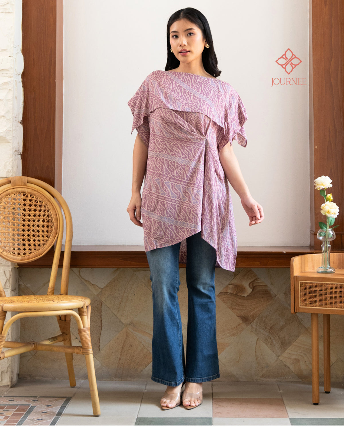 Arabina Batik Cap Off Shoulder Tunic Top Dusty Pink