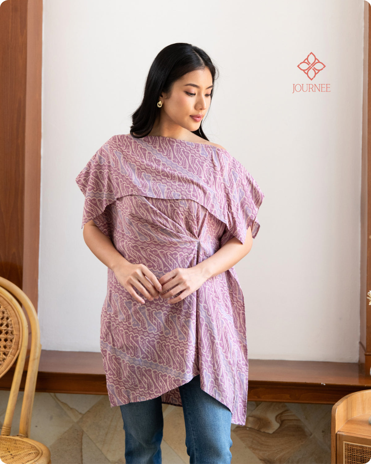 Arabina Batik Cap Off Shoulder Tunic Top Dusty Pink