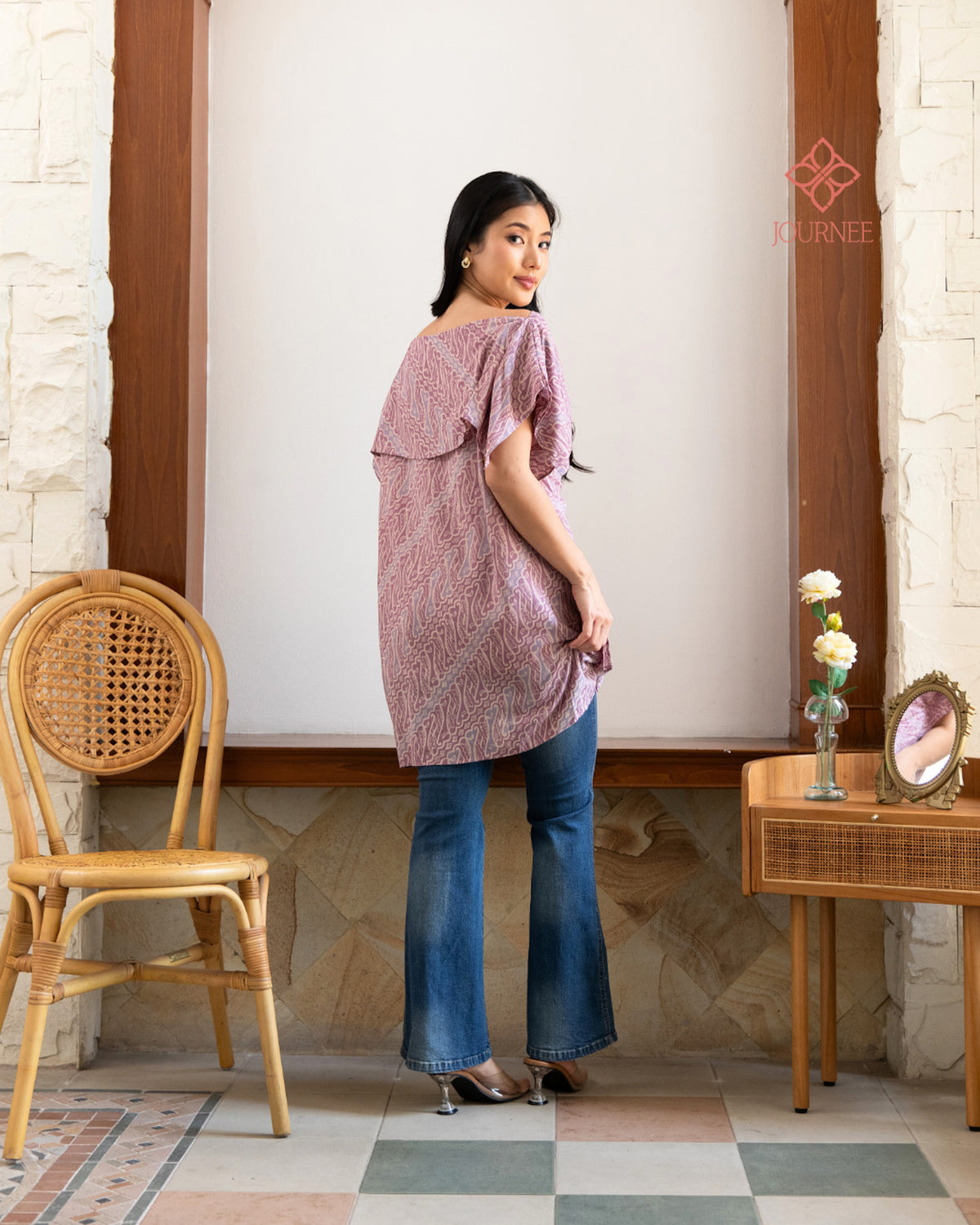 Arabina Batik Cap Off Shoulder Tunic Top Dusty Pink