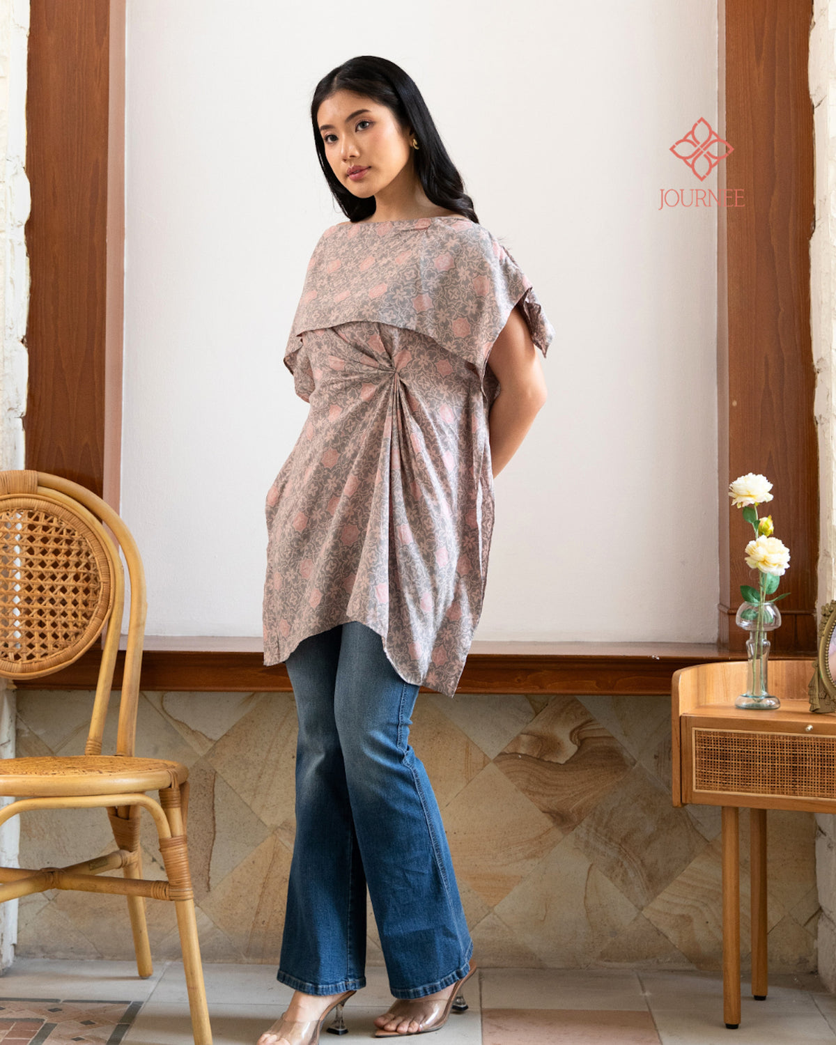 Arabina Batik Cap Off Shoulder Tunic Top Mauve