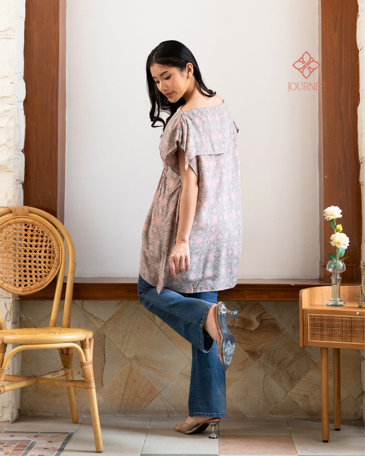 Arabina Batik Cap Off Shoulder Tunic Top Mauve