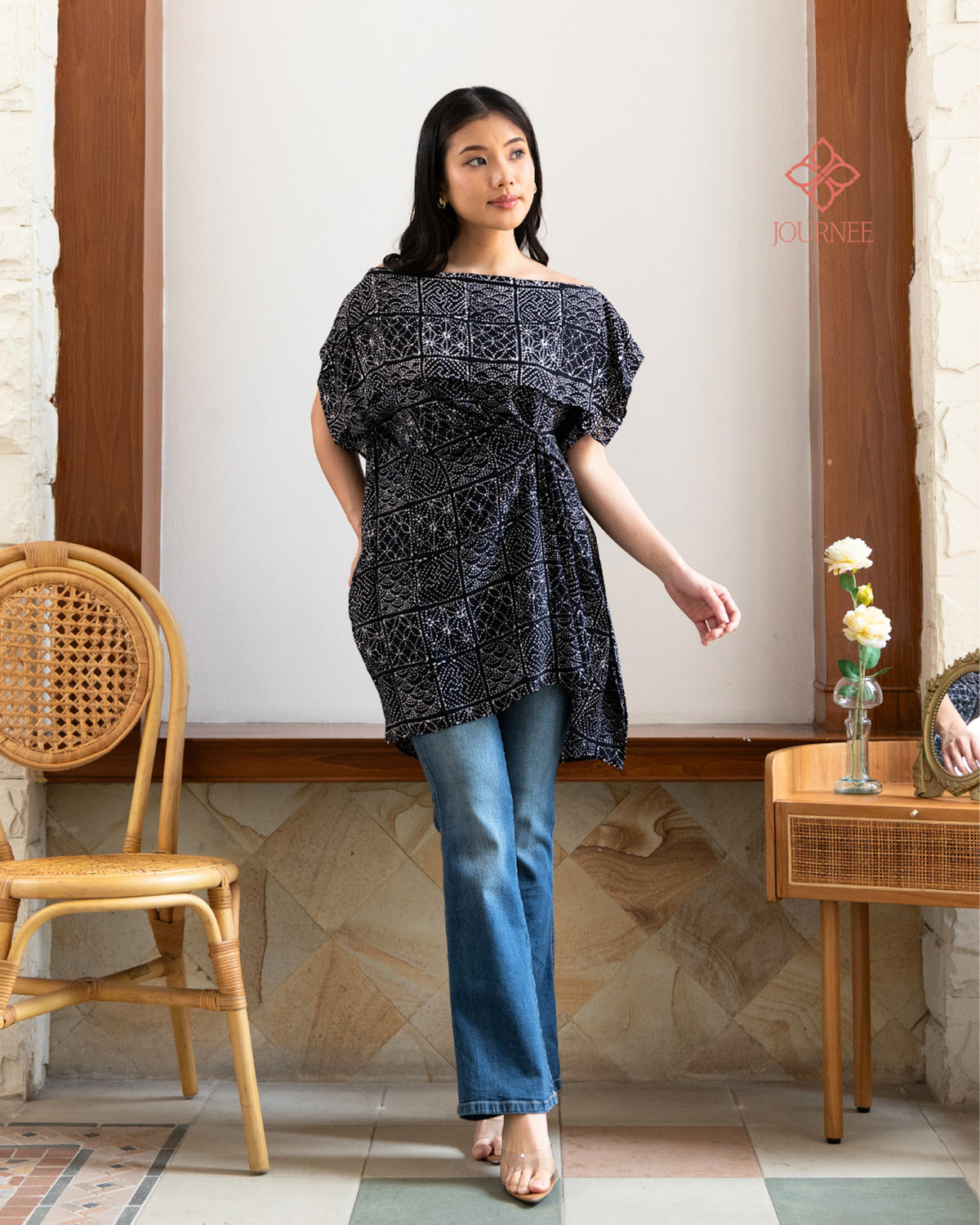 Arabina Batik Cap Off Shoulder Tunic Top Noir