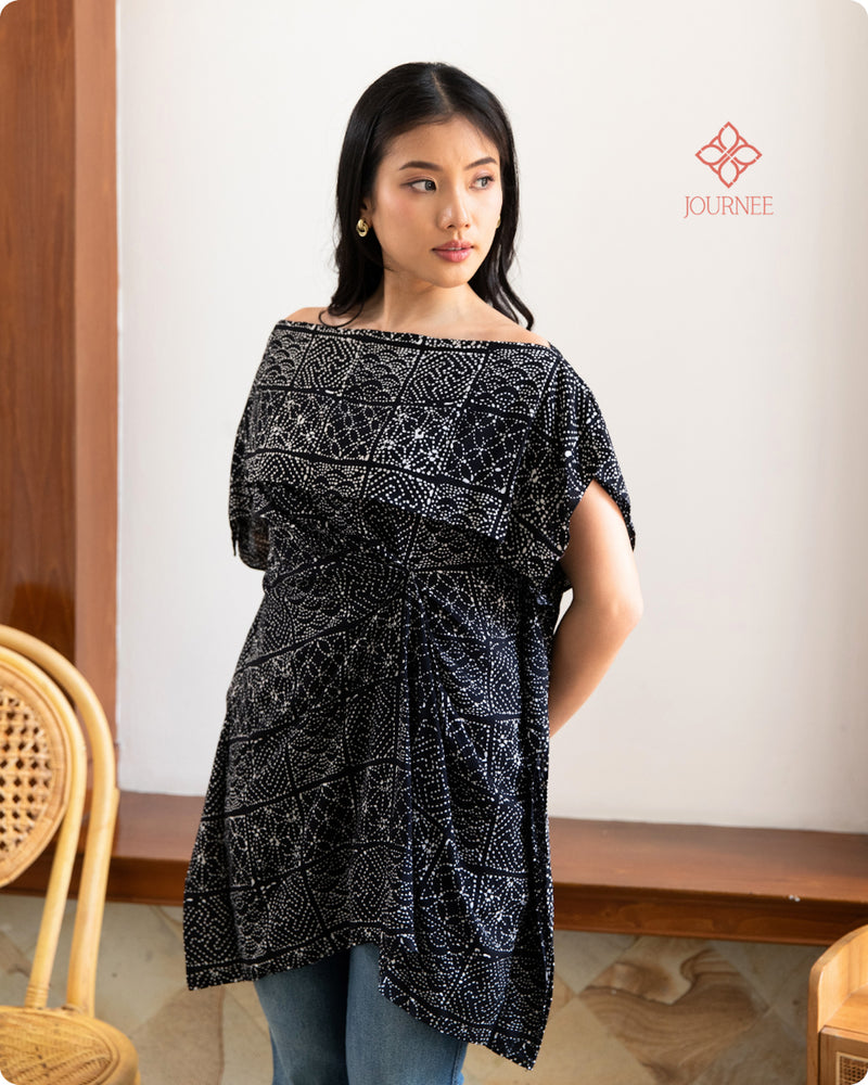 Arabina Batik Cap Off Shoulder Tunic Top Noir