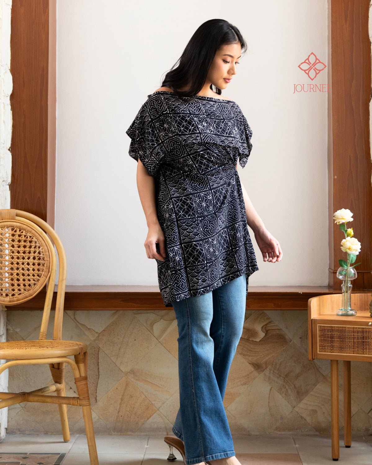 Arabina Batik Cap Off Shoulder Tunic Top Noir