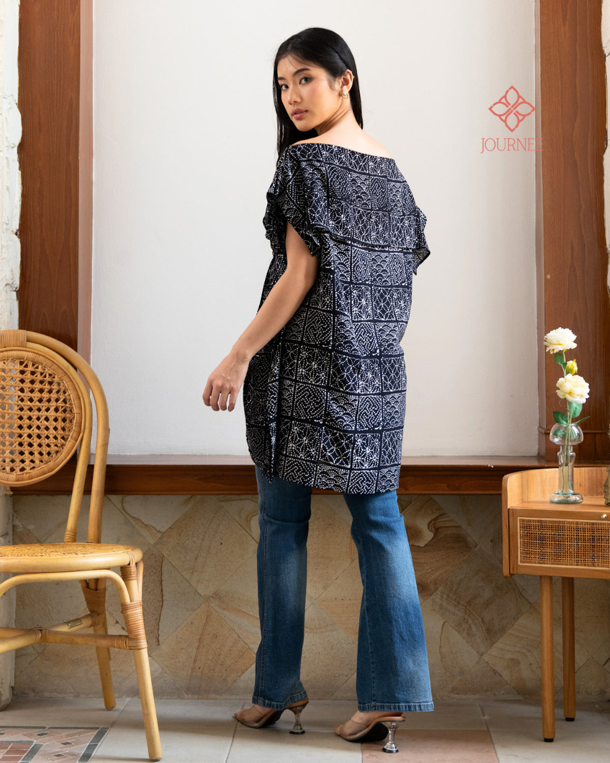 Arabina Batik Cap Off Shoulder Tunic Top Noir
