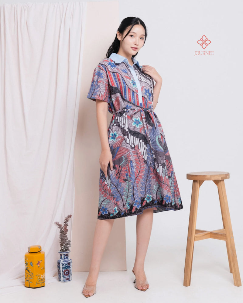 Akina Scallop Batik Dress Blue